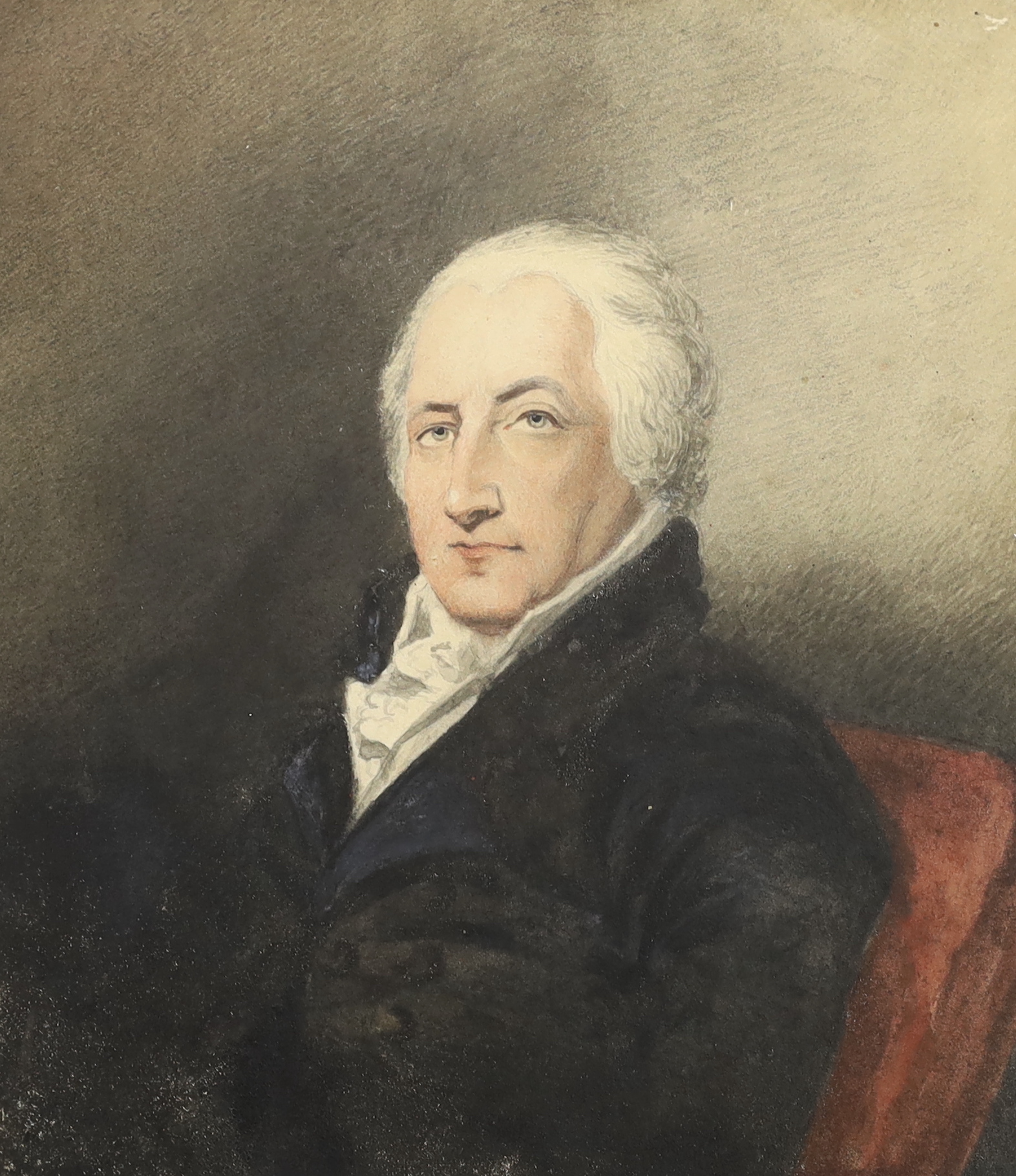 Late 18th century English School - Portrait of Sir William Eden, later 1st Baron Auckland, watercolour on card, 20 x 18cm. A sketch of the sitter verso.